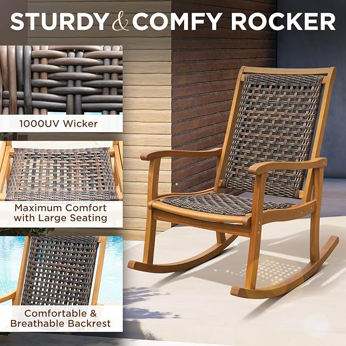 IDZO Wood Wicker Rocking Chair, 400 lbs Capacity, Durable Eucalyptus Wood, Natural Finish, Comfortable Curvy Design, Ideal for Deck, Patio Furniture, and Outdoor Furniture Accent Chair