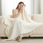 Amélie Home Knit Throw Blanket with Tassels for Couch, Luxury Boho Throw Blanket for Summer Ivory, 50"x60"