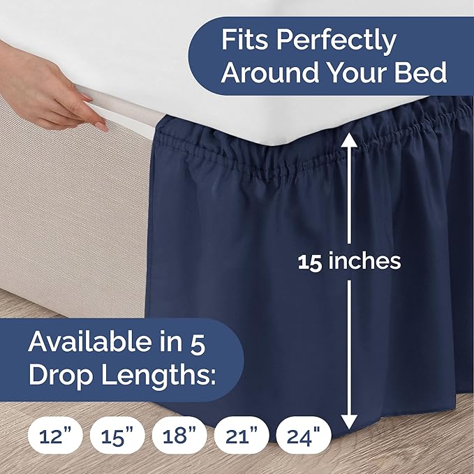 Wrap Around Dust Ruffle Bed Skirt - Navy Blue - Twin/Twin XL Size Beds with 15 Inch Drop - Elastic Strap - Adjustable Pleated Bedskirt with Brushed Fabric and Wrinkle Free - Women, Men, Kids & Teens