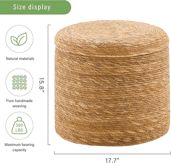 Wimarsbon 18'' Ottoman Pouf, Natural Braided Poof, Rustic Handweave Lounge Pouffe, Boho Footrest Stool for Bedroom, Accent Table for Living Room (Storage - 18inch Natural Cattail L)
