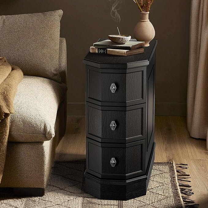 Nightstand Set of 2 with Charging Station, Vintage Wood End Table with 3 Drawer, Victoria Narrow Side Table, Slim Bedside Tables for Bedroom, Pre-Installation, Black