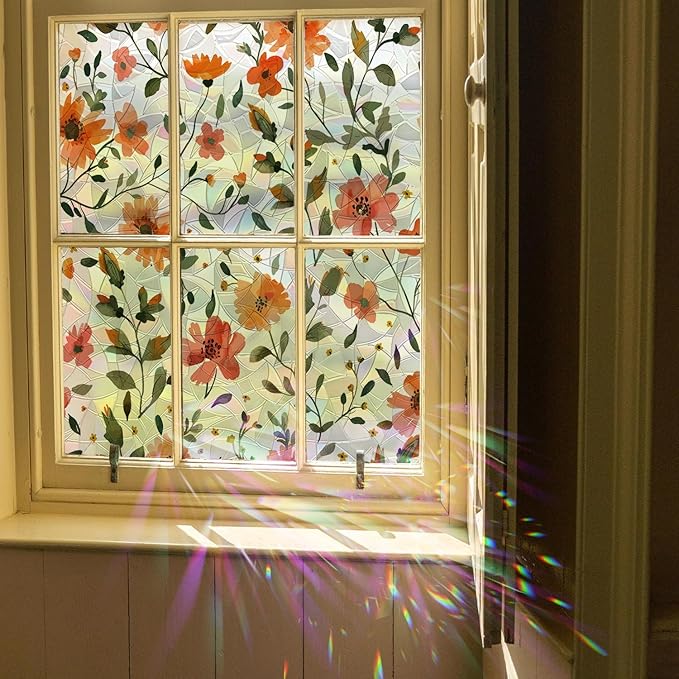 Window Film, Stained Glass Window Privacy Film, Watercolor Flowers Double Sided Non-Adhesive Glass Window Clings Stickers for Home Office Living Room Windows Door Decor