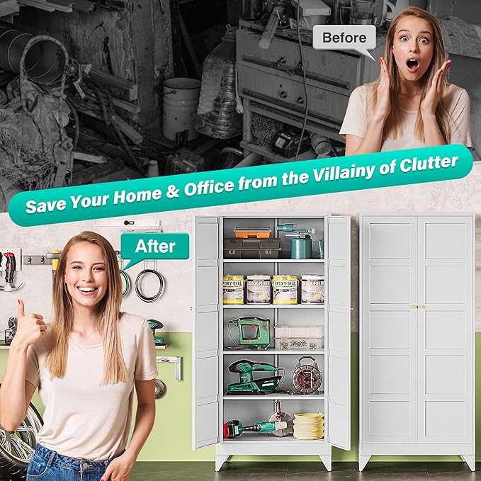 Metal Storages Cabinet with 2 Doors and 5 Shelves,Tall Storage Cabinet,Large Cupboard Closet,Pantry Storage Cabinet for Home,Office,Bathroom,Dining/Living Room (White, 71" H)