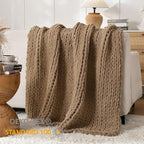 Chunky Knit Blanket Throw, 100% Hand Knit Throw Blanket Handmade Chenille Cable Knit Throw for Couch, Stylish Cozy Soft Rope Knot Crochet Blanket for Home Decor, Camel, 50x60 Inches