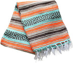 Del Mex Classic Mexican Blanket, Large Authentic Woven Falsa Throw (70"x50"), Artisan Southwest Décor for Beach, Yoga, Outdoors (Mint/Tan/Orange)