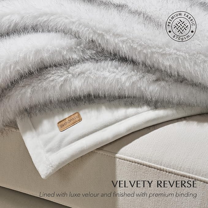 Luxury Faux Fur Throw Blanket, Soft Fluffy Faux Mink Blankets for Bed, Couch, Sofa, Thick Cozy Plush Warm Fur Throws with Reversible Velvet, Frosted White Wolf, 50"x60"