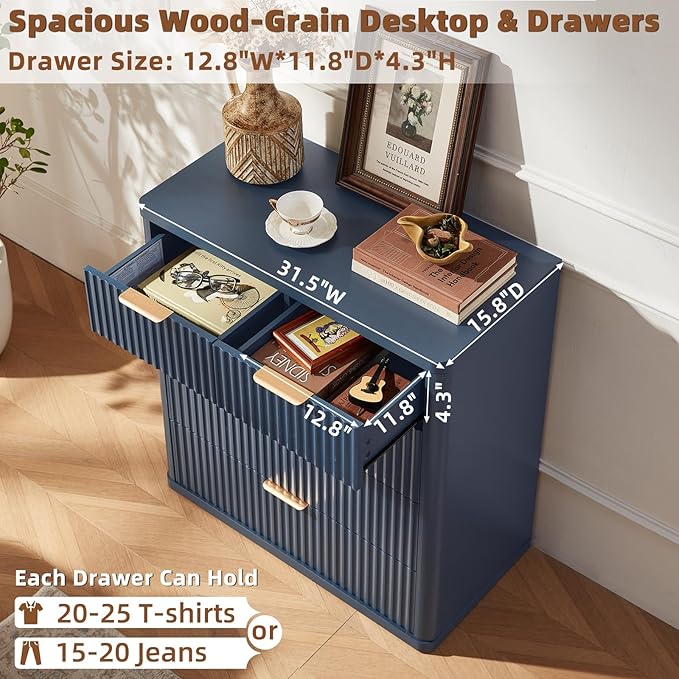 LEYAOYAO Fluted 5 Drawers Dresser for Bedroom Set of 2, 34" Tall Modern Chest of Drawers with Metal Handle, Curved Profile Design,Navy Blue Wood Drawer Organizer for Bedroom, Living Room, Hallway