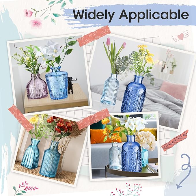 Yaomiao 30 Pcs Vases Bulk Colored Flower Glass Vases Bud Vintage Colored Glass Bottles Colorful Rustic Embossed for Home Wedding Table Decorations Gifts(Blue Series)