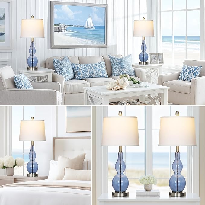 27.5" Coastal Blue Glass Double Gourd Table Lamp Set of 2,3-Way Dimmable Touch Control Bedside Lamps with USB Ports and AC Outlet, Nautical Nightstand Lamps for Bedroom Living Room