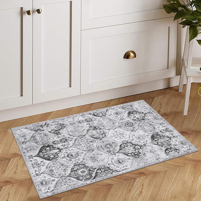 Lahome Moroccan Trellis Washable Rug, 2x3 Kitchen Rugs for Entryway Bathroom, Non-Slip Indoor Door Mat Ultra-Thin, Small Oriental Throw Carpet for Bedroom Entry, Silver/Grey