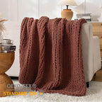 Chunky Knit Blanket Throw, 100% Hand Knit Throw Blanket Handmade Chenille Cable Knit Throw for Couch, Stylish Cozy Soft Rope Knot Crochet Blanket for Home Decor, Copper Brown, 40x50 Inches