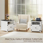 Farmhouse End Table with Charging Station, 24" Large Side Table with Open Shelf and Storage Cabinet, Wood Square Bedside Table Nightstand for Living Room, Bedroom (White)