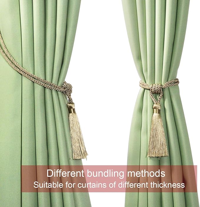 Fenghuangwu Curtain Tiebacks Tassel Tie-Backs, Rope Curtain tie Backs Handmade Curtain Holdbacks Made from Polyester (Gold, 2p)