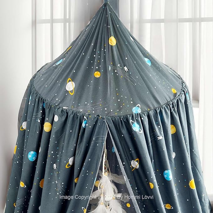 Space Rockets Print Kids Bed Canopy, Girls Princess Canopy Dreamy Room Decor, Soft Hanging Reading Nook Play Tent Canopy, Extra Large Full Size Bed Canopy with String Light