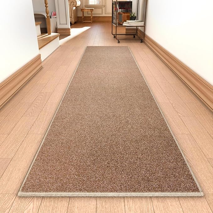 Runner Rug with Non Slip Rubber Backing, Washable Soft Floor Carpet for Kitchen, Hallway, Entryway Indoor, Bedroom, Laundry, Low Pile Area Rugs, Solid color with Pointillism style, 2*10 ft BROWN