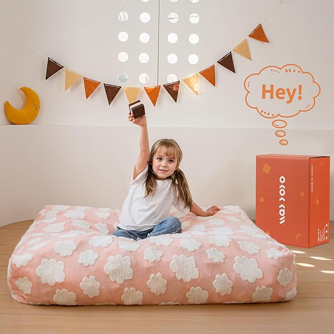 MAXYOYO Bean Bag Chair Bed for Kids, Convertible Bean Bag from Lazy Chair to Floor Bed, Fresh Cloud Design Cover, Stuffed Floor Sofa Couch for Boys and Girls, High-Density Foam Filling, Pink