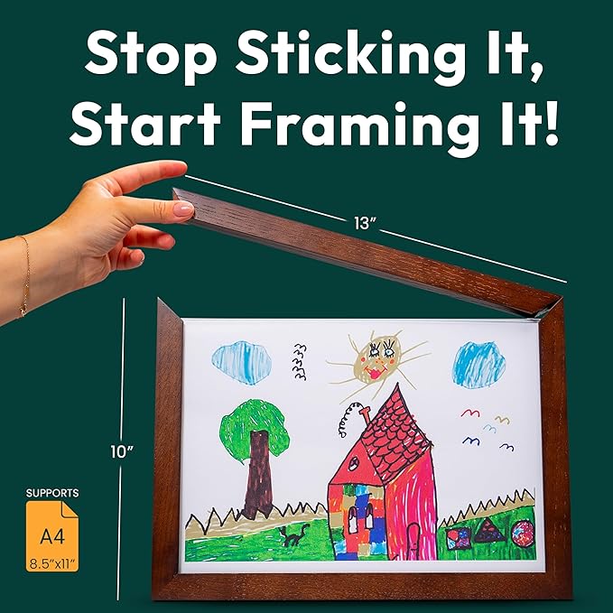 Kids Art Frames 8.5x11, Front Opening Artwork Display Frame for Kids’ Creations – Brown Changeable Frame Holds 250+ Pieces, Show & Store Kids Art, Crafts, and 3D Projects, Easy Wall Hanging