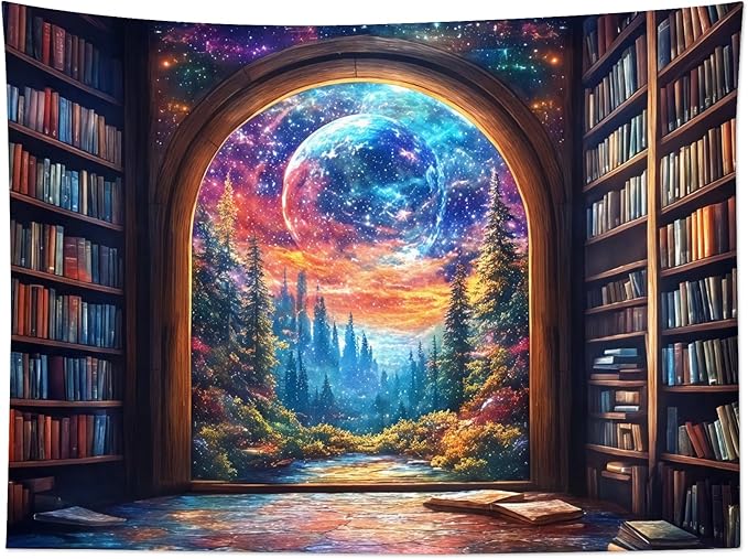 LB Fantasy Bookshelf Moon Tapestry, Forest Tree and Vintage Library Classroom Wall Tapestry for Bedroom, Galaxy Cool Wall Art for Living Room Dorm Home Decor Ready to Hanging, 60 x 40 Inches