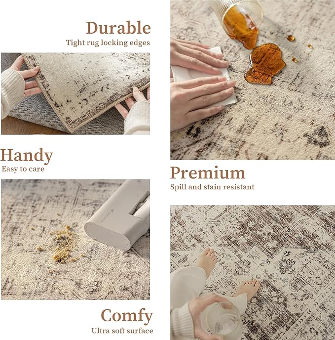 5'x7' Area Rug - Vintage Persian Medallion Design Low-Pile Faux Wool Rug, Non-Slip Backing, Machine Washable, for Living Room, Dining Room, Bedroom (Cream/Taupe)