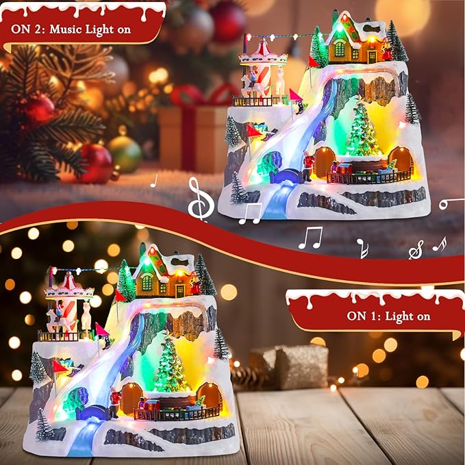 Christmas Village House Musical Christmas Village Skiing on The Mountain Carousel Train Collectible Buildings with LED Lights Vacation with USB Indoor Figurines Decoration