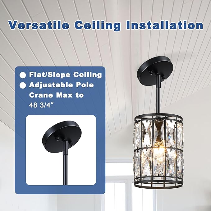 Modern Crystal Pendant Light Fixture 2-Pack Matte Black Finish Hanging Lighting Crystal Chandelier for Living Room, Kitchen