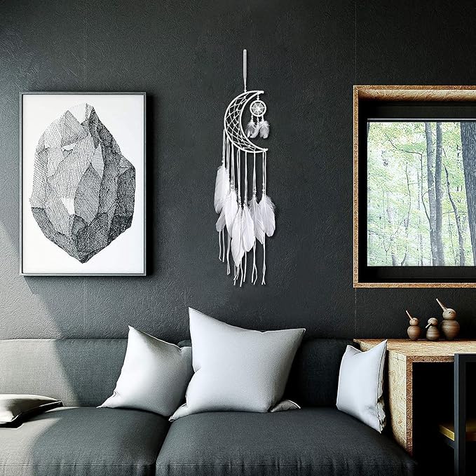 Dremisland Dream catcher New Moon Design Handmade White Feather Wall Hanging Home Decoration Ornament Craft Gift (White Moon)