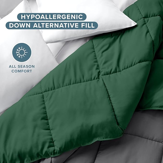 Bare Home King/California King Comforter - Reversible Colors - Goose Down Alternative - Ultra-Soft - Premium 1800 Series - All Season Warmth - Bedding Comforter (King/Cal King, Grey/Forest Green)