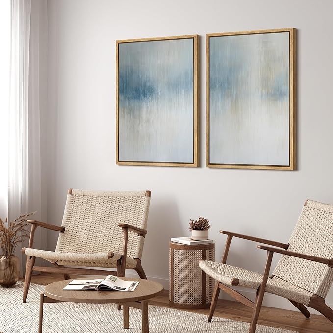 SIGNFORD Framed Canvas Print Wall Art Set Blue and Beige Abstract Modern Neutral Vertical Illustration Modern Art Decorative Nordic Nature for Living Room, Bedroom, Office - 16"x24"x2 Natural