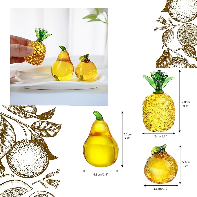 Set of 3 Glass Fruits Decor Pineapple Orange Pear Fruit Figurine Decorations as Collections for Home Wedding