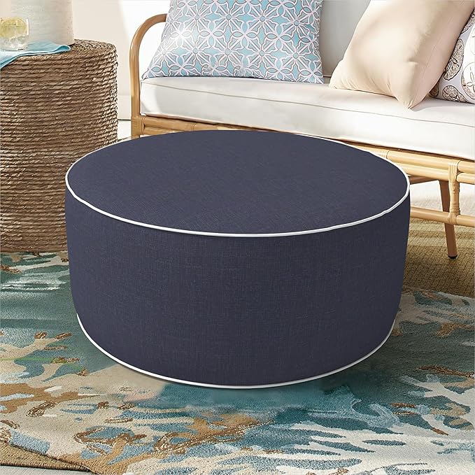 Inflatable Ottoman Stool D21 xH9 for Outdoor/Indoor Use, Water Repellent Patio Foot Rest Stool with Portable Handle,Round Pouf Ottoman Suitable for Garden,Deck and Camping - Textured Navy
