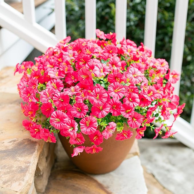 HyeFlora Artificial Flowers for Outdoors Fake Plants Outside Decoration, 12 Bundles Silk Hot Pink Morning Glory UV Resistant Look Real Faux Flowers for Planter Front Door Porch Patio Yard Gardens Home