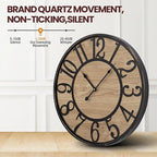 Large Wall Clock for Living Room Decor - Non-Ticking, Silent, Battery Operated Modern Vintage Wood Clock - Oversized Decorative for Bedroom, Kitchen, Farmhouse, Office