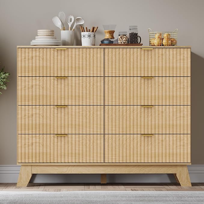 Fluted 8 Drawer Tall Dresser, 47.2" Wide Modern Boho Chest of Drawers, Wooden Storage Dresser TV Stand for Bedroom, Living Room, Closet, Hallway, Curved Profile Design