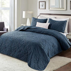 Exclusivo Mezcla Quilts Queen Size Bedding Set with 2 Pillow Shams, Lightweight Navy Blue Full Queen Quilt Bedspread with Vintage Damask Pattern, Soft Bedspreads Coverlets for All Seasons