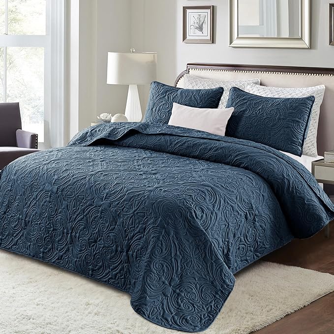 Exclusivo Mezcla Quilts King Size Bedspread with 2 Pillow Shams, Lightweight Navy Blue King Quilt Bedding Set with Vintage Damask Pattern, Soft Bedspreads Coverlets for All Seasons