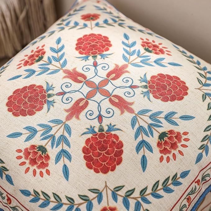 patdrea Designer Throw Pillow Covers Set of 4,Brilliant Vintage Red Tropical Linen with Floral Pattern Pillow Cover,Decorative Lumbar and Square Pillowcases Cushion for Bed Living Room Outdoor