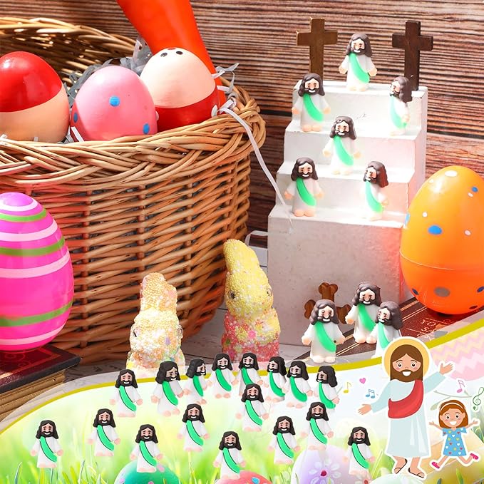 Bememo 100 Pcs Jesus Toys Original Design Mini Rubber Little Jesus Figurine to Hide and Seek Religious Party Favors Sunday School Craft Baptism Gifts for Easter Egg Stuffers(Green)