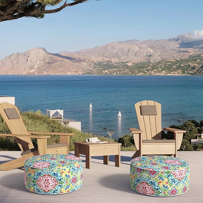 Inflatable Ottoman Stool D21 xH9 for Outdoor/Indoor Use, Water Repellent Patio Foot Rest Stool with Portable Handle,Round Pouf Ottoman Suitable for Garden,Deck and Camping - Damask Red