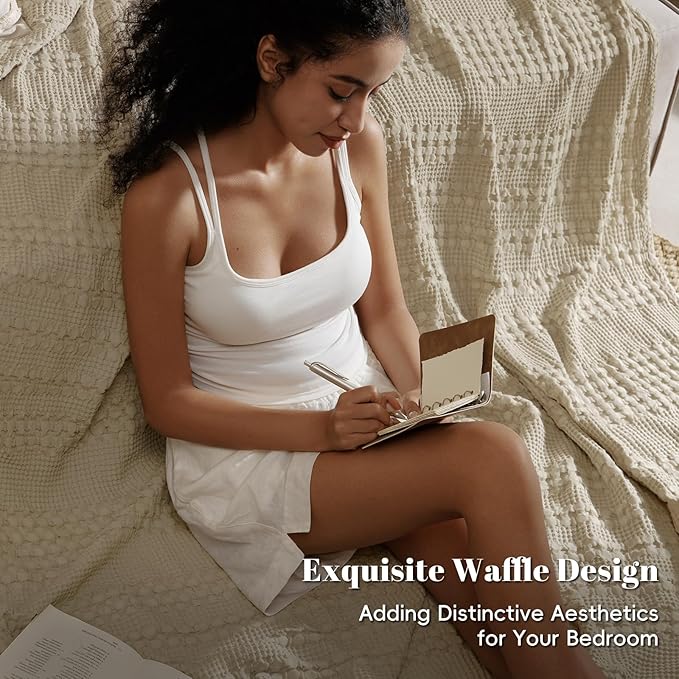 PHF 100% Cotton Waffle Weave Blanket Twin Size, Soft Lightweight Breathable Cozy Summer Blankets for Bed, Luxury Aesthetic Woven Bedding for Home Decor, 66"x90", Khaki