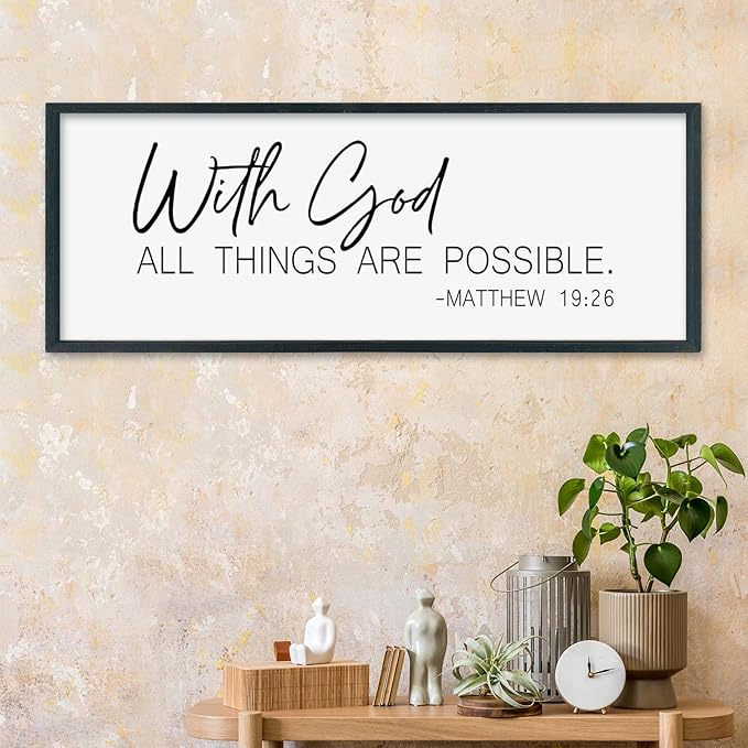 LuZhiQiang With God All Things Are Possible Wall Decor 40"×15" Matthew 19:26 sign Bible Verse Scripture for Living Room Large Wood Framed Wall Hanging Art (Black)