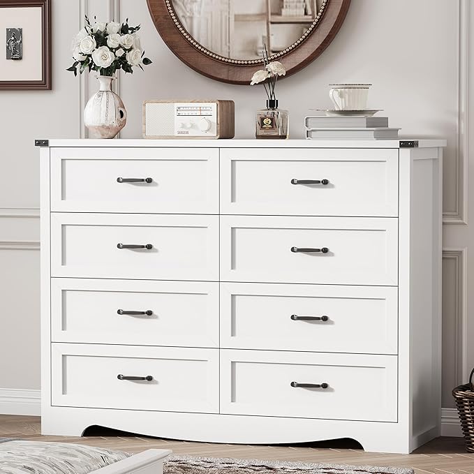Dresser for Bedroom with 8 Drawers, 48" Wide Wood Chest of Drawers with Deep Drawers & Mental Handle, Modern Dresser TV Stand, Wooden Closet Storage Organizer for Living Room, Hallway, Entryway, White