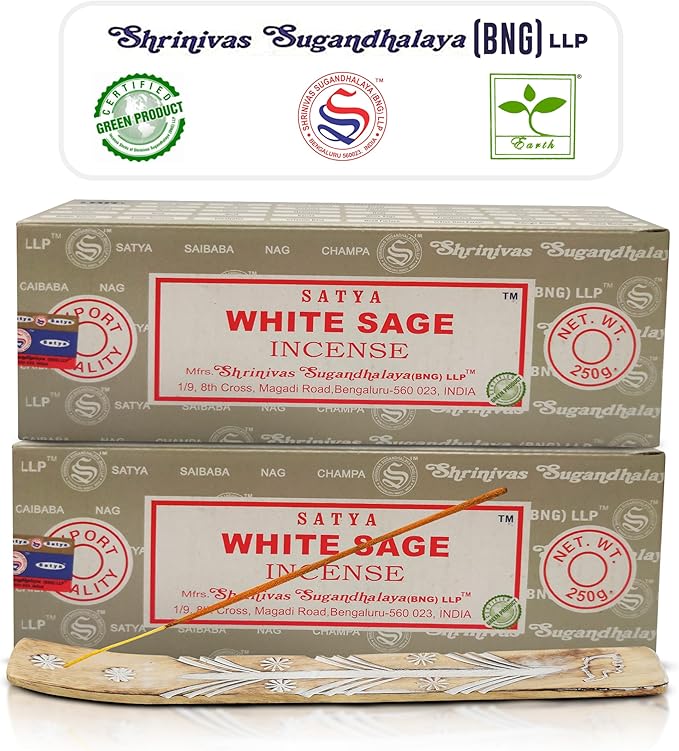 Satya White Sage Incense Sticks 250 gmx 2 Pack (500 GMS), Satya BNG (Bangalore) Insenses with Raajsee Incense Holder Bundle, Satya Nagchampa Natural Incense