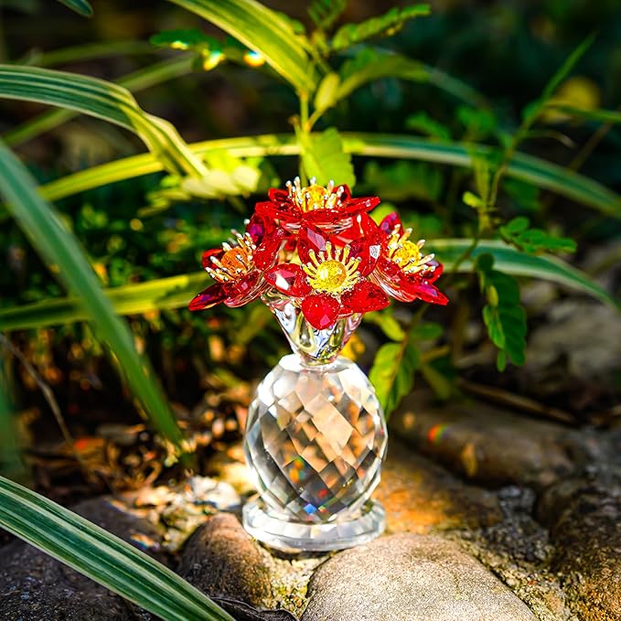 Crystal Red Flower Figurine with Base Glass Flower Figurine Collectibles Gifts for Women Mum Crystal Decoration for Home Office