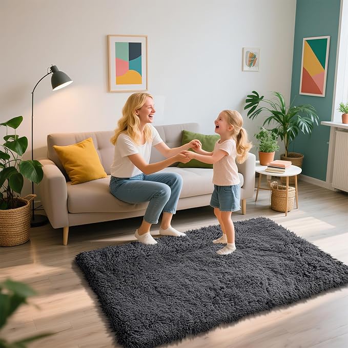 Shag Area Rug for Bedroom 3x5,Deep Grey Fluffy Area Rugs for Living Room,Soft Fuzzy Rug Non-Shedding Indoor Plush Carpet for Kids Bedroom Nursery Dorm Home Decor