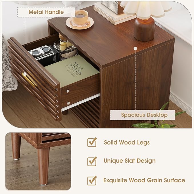 Alohappy Nightstand, Mid Century Modern Night Stands, Fluted Bedside Table for Bedroom, End Table with Storage Drawers, Vintage Bed Side Table Wood Accent Table for Living Room, Brown 1pc
