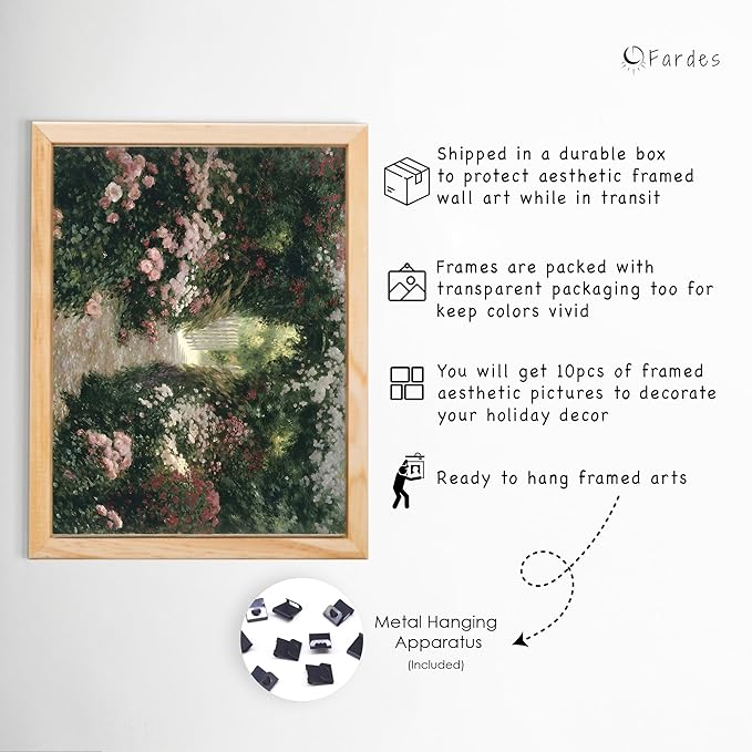 Cottagecore Decor Natural Oak Framed Pictures, 10 pcs of Vintage Wall Art Decor, Vintage Wall Decor Aesthetic Landscape Prints for Room Decoration