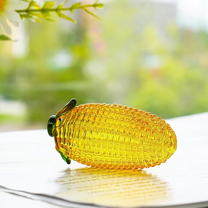 Glass Corn Figurine Decor for Tabletop Centerpiece Art Glass Corn Paperweight Decorations for Home Kitchen Office Desk