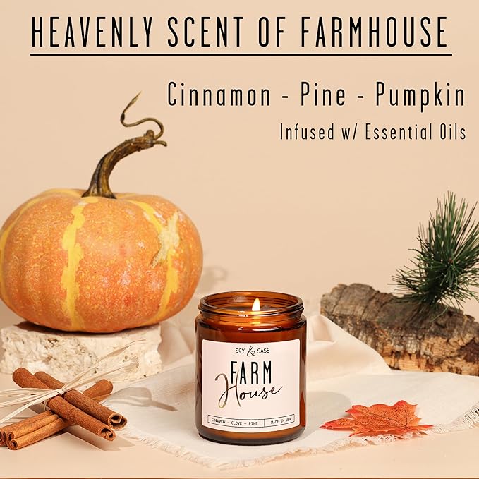 Fall Candles - 'Farmhouse' Autumn Scented Soy Candles for Home, w/Cinnamon, Clove & Pine I Infused with Essential Oils I Farmhouse Décor, 9oz Reusable Jar, 50Hr Burn, Made in USA