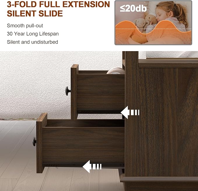 HIFYOBRO Narrow End Table with Flip Top Charging Station Set of 2, Side Table with 2 Drawers, Type-C & USB Port & Power outlets, Wooden Storage Cabinet for Living Room and Bedroom