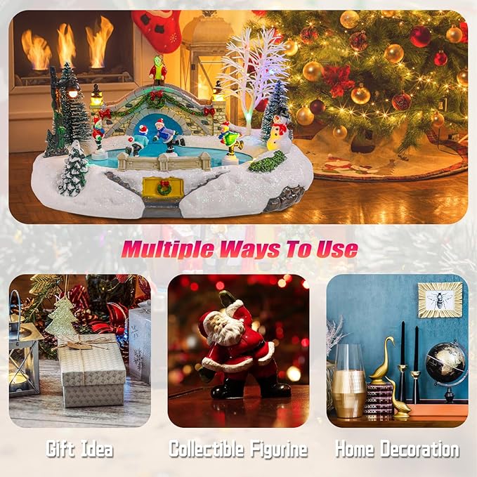 Vigdur Christmas Snow Village - Animated Christmas Village Skating Pond with Colorful Lights & 8 Xmas Music, Rotating Skier, USB&Battery Powered Christma Collectible Buildings for Home